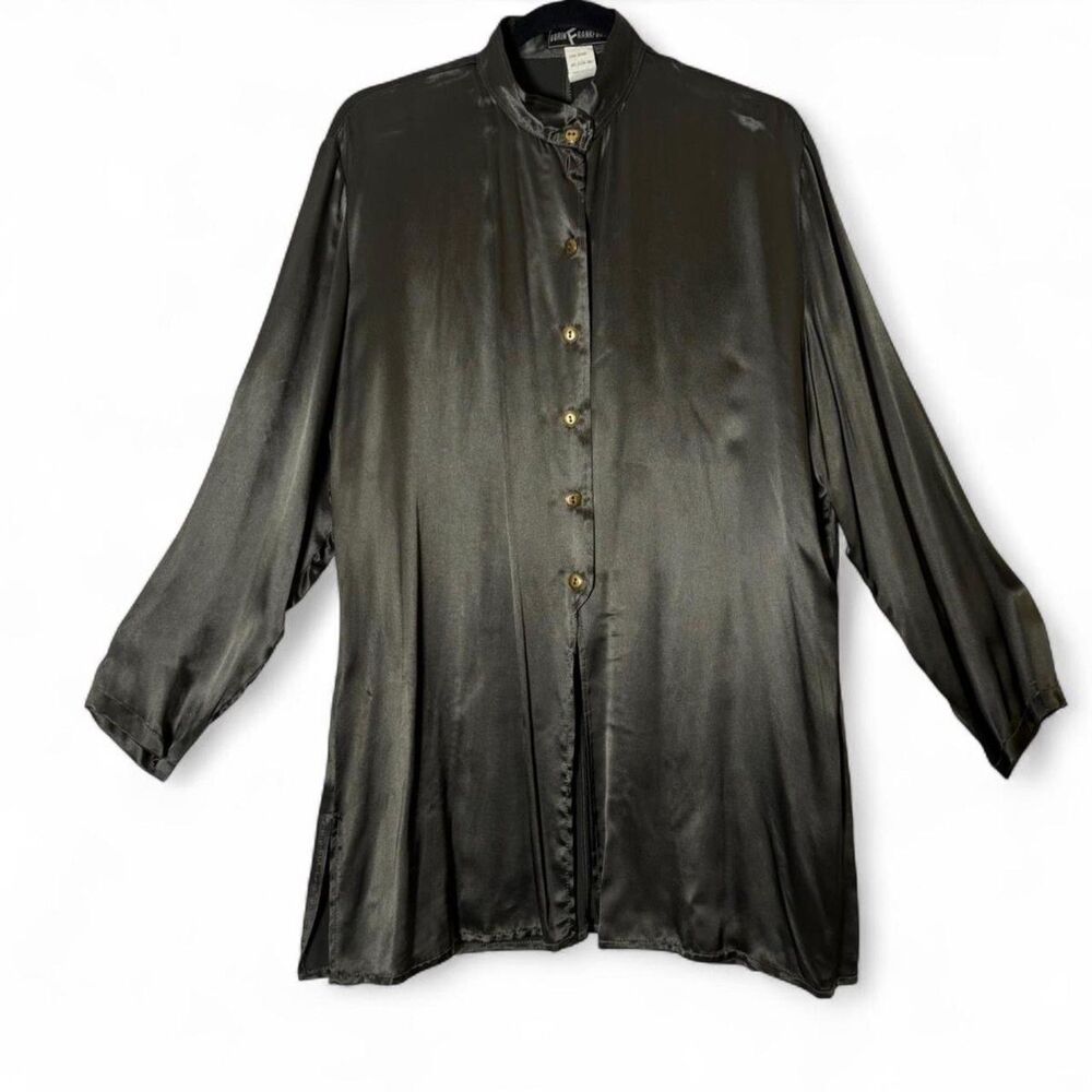 VTG 100% Rayon Olive Gunmetal Satin Button Oversized Blouse sz L / XL